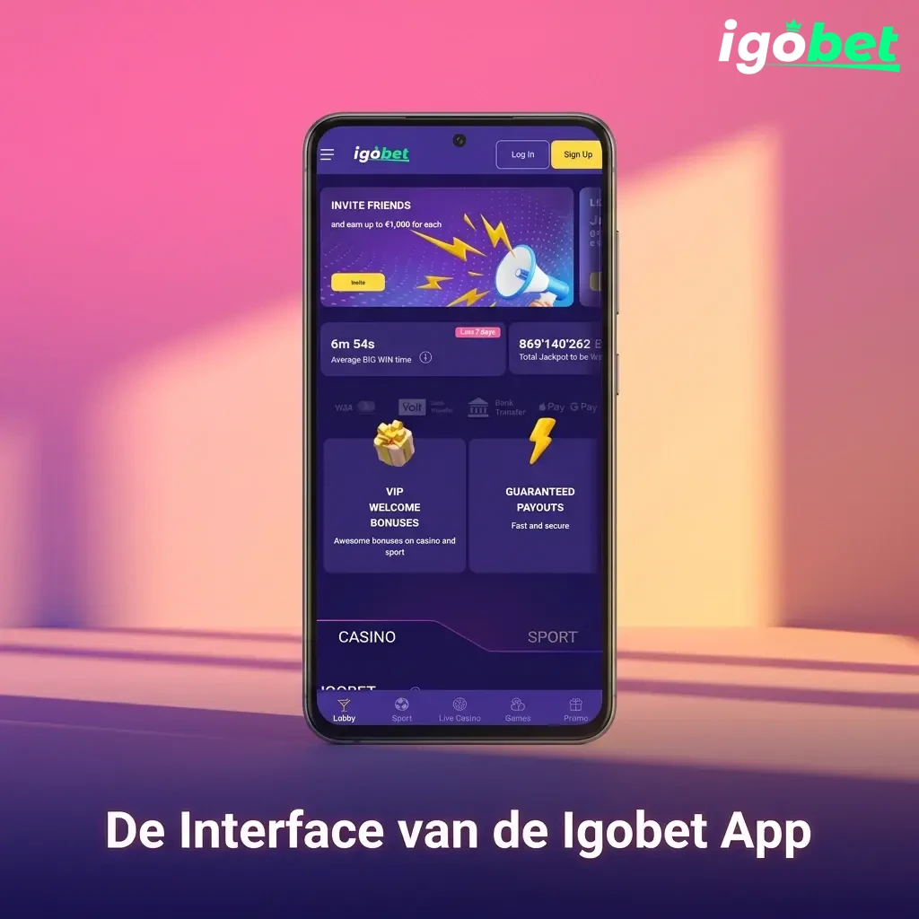 Igobet mobiele app interface met overzichtelijk menu voor sportweddenschappen en casinospellen op touchscreen