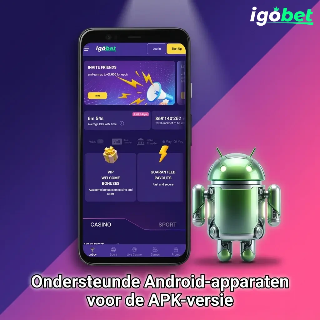 Overzicht van Android-apparaten compatibel met Igobet APK, waaronder Samsung, Sony, Xiaomi en Google Pixel