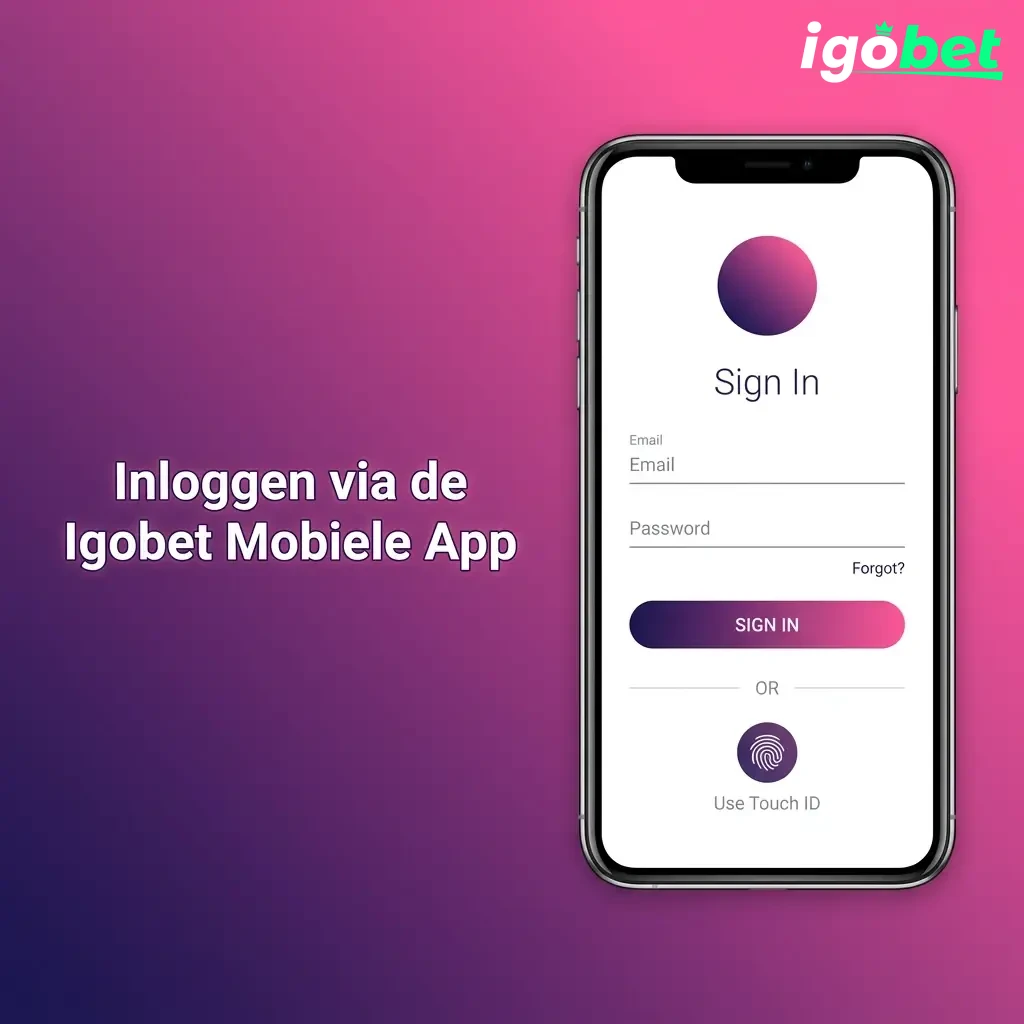 Igobet mobiele app inlogscherm op iOS met e-mailadres, wachtwoord en Face ID opties