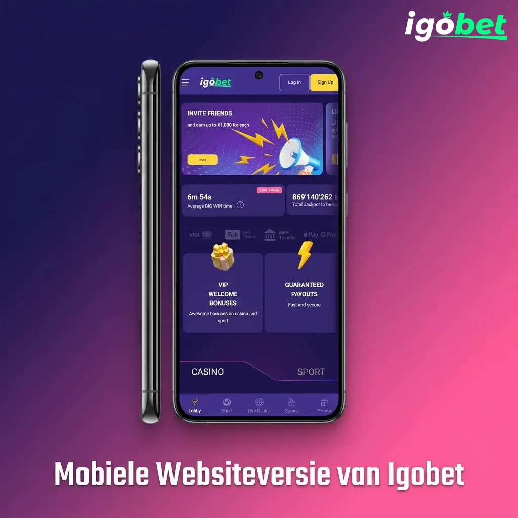 Igobet mobiele website op smartphone en tablet, geoptimaliseerd voor browser zonder download, compatibel met iOS en Android